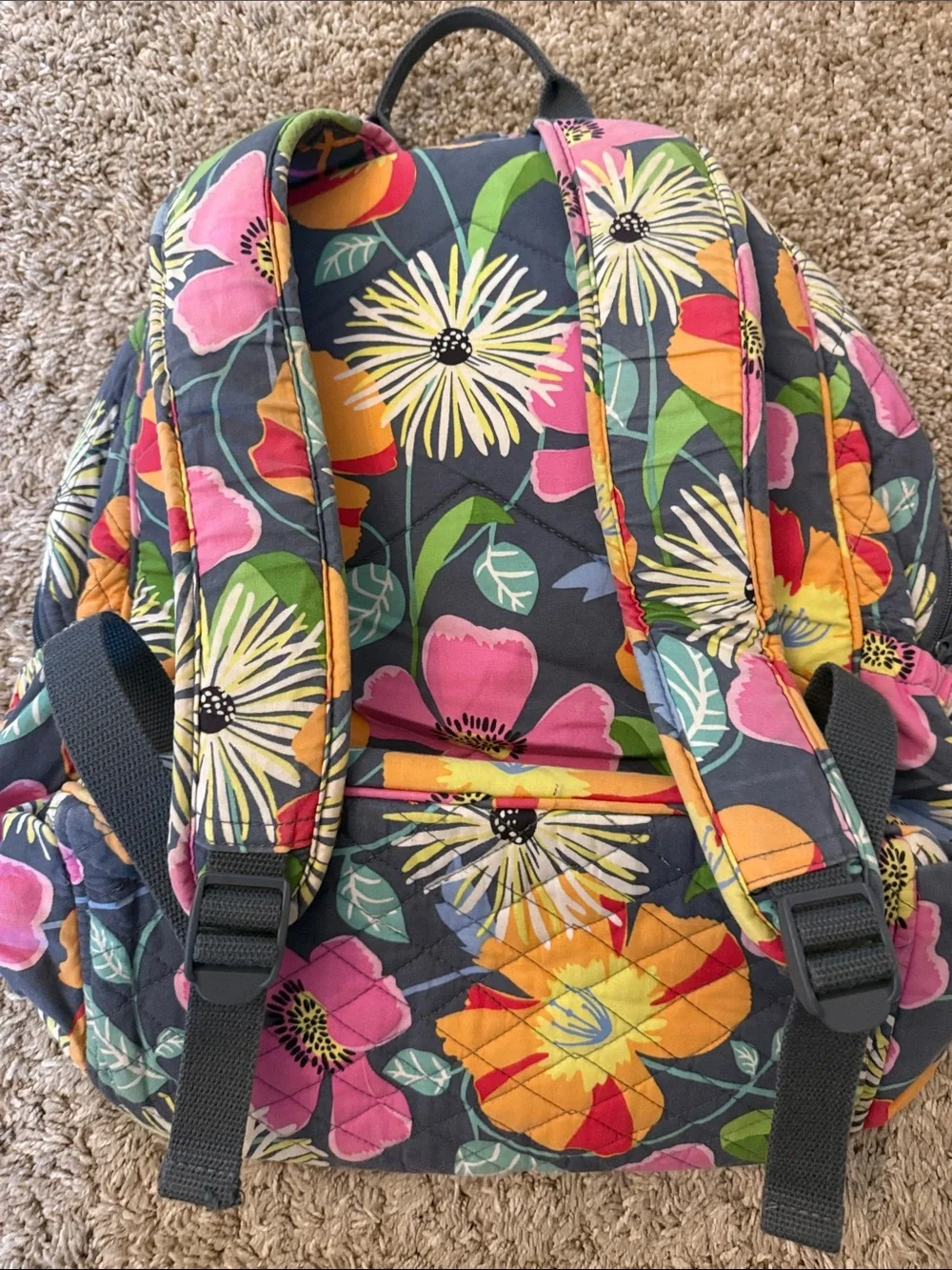Vera Bradley Dark Gray Quilted Backpack with Pink, Yellow & Green Floral Print